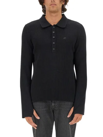 Coutr.com Courreges Iconic Rib Knit Polo Shirt In Black