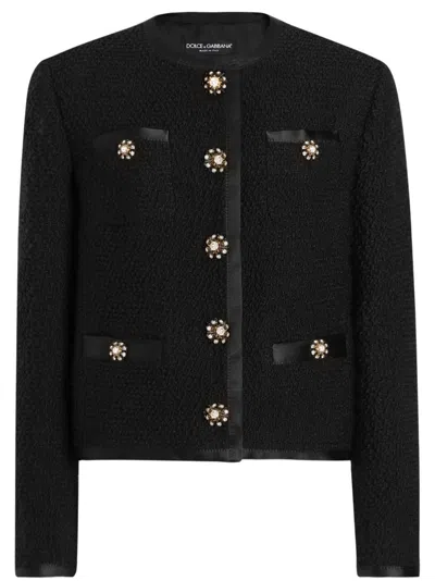 Coutr.com Dolce & Gabbana Cropped Single-breasted Bouclé Tweed Jacket With Bejeweled Buttons In Black