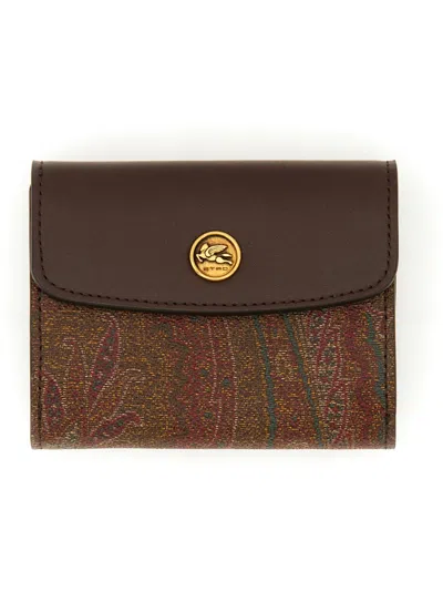 Coutr.com Etro Small Paisley Wallet With Leather Flap And Coin Button In Brown