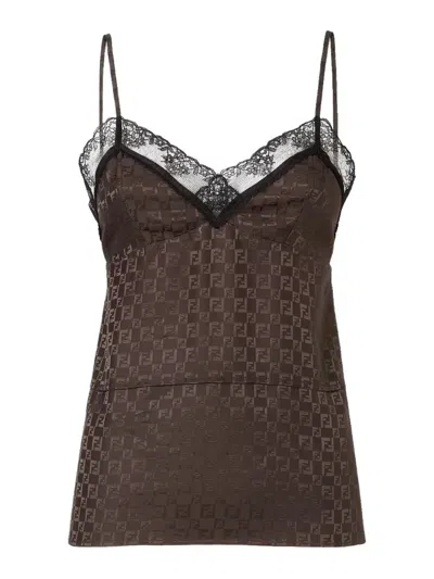 Coutr.com Fendi Jacquard Ff Lace-trimmed Top In Brown