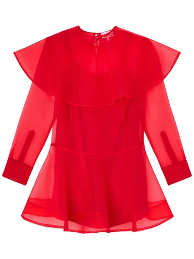 Coutr.com Ganni Net Sustain Velvet-trimmed Ruffled Organic Cotton-poplin Mini Dress In Red