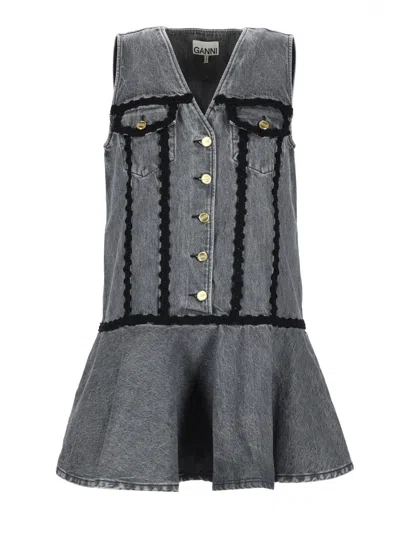 Coutr.com Ganni Sleeveless V-neck Denim Dress In Gray