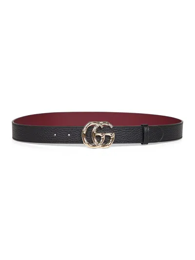 Coutr.com Gucci Belt With Gg Buckle In Hammered Leather For Women In Black