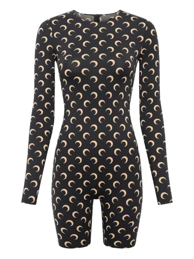 Coutr.com Marine Serre Moon Printed Long Sleeve Short Catsuit In Black
