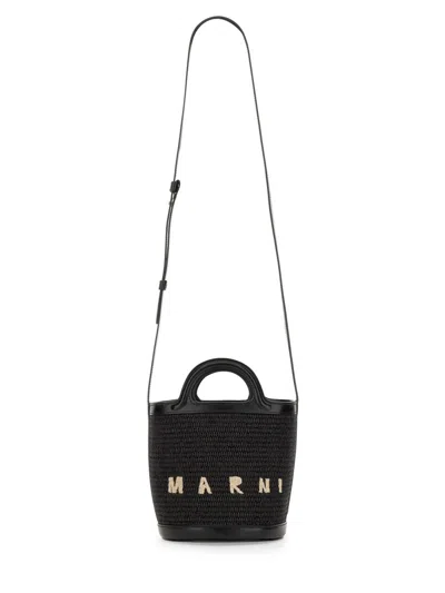 Coutr.com Marni Tropicalia Small Bucket Bag In Leather And Raffia-effect Fabric In Black