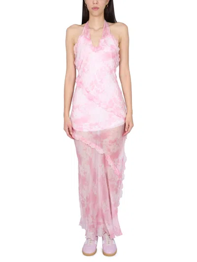 Coutr.com Msgm Silk Chiffon Long Dress With "trompe L'oeil Lace" Print In Pink