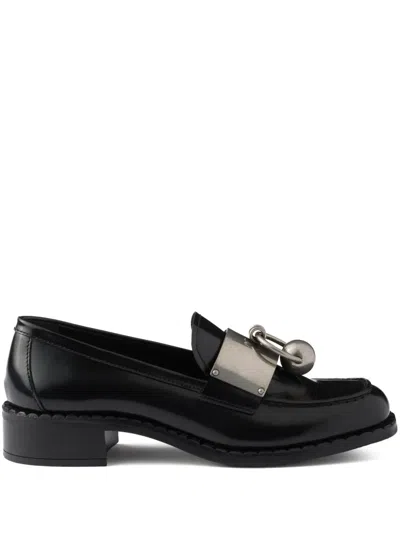 Coutr.com Prada Brushed Leather Loafers With Metal Ring In Black