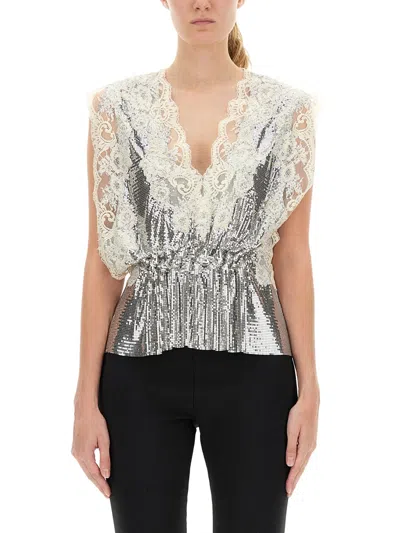 Coutr.com Rabanne Lace-insert Mesh Gathered-waist Top In Silver