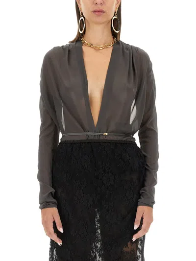 Coutr.com Saint Laurent Stretch Silk Bodysuit In Gray