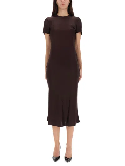 Coutr.com Staud Marcel Ruched Stretch-silk Charmeuse Midi Dress In Brown