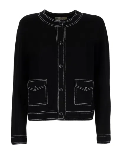Coutr.com Tory Burch Topstitch Wool Cardigan In Black