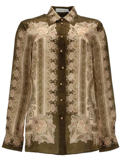 Coutr.com Zimmermann Luna Satin Shirt In Olive Perla Paisley In Green