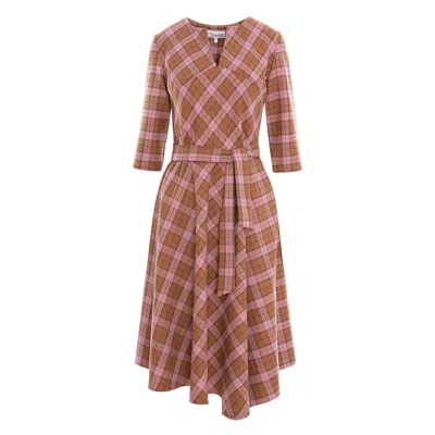 Couture De Marie Women's Brown / Pink / Purple Margot Asymmetric Flared Wool Checked Dress In Brown/pink/purple