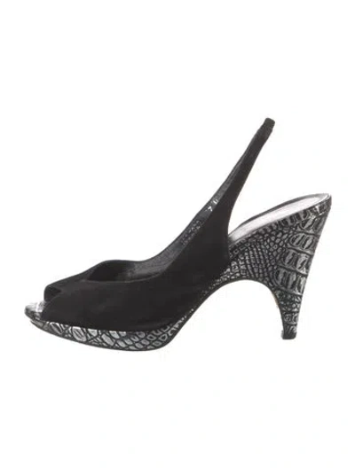 Pre-owned Couture Donald J Pliner Suede Printed Slingback Pumps In Black