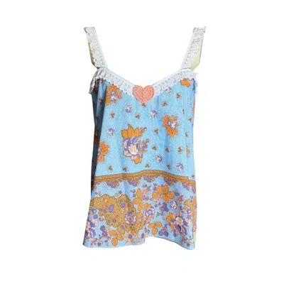 Couture To Your Door Women's Blue / Pink Vintage Upcycled Babydoll Top With Lace In Multi