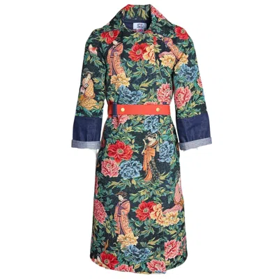 Couture To Your Door Women's Green / Black Jade Garden Vintage Upholstery Trench Coat In Multi
