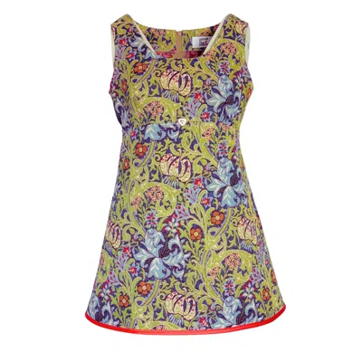 Couture To Your Door Women's Green / Blue Green Mini Mod Tapestry Dress With Gold Heart Button In Green/blue