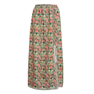 Couture To Your Door Women's Green / Orange Maxi Cream Printed Slip Skirt With Lace In Green/orange