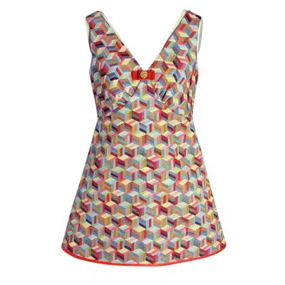 Couture To Your Door Women's Green / Pink Tapestry Geometric A Line Mod Dress In Multi