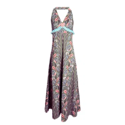 Couture To Your Door Women's Grey / Pink Pink Aztec Printed Maxi Halter Neck Dress In Multi