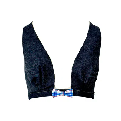 Couture To Your Door Women's White / Blue Denim Cropped Top With Mini Bow Tie In White/blue