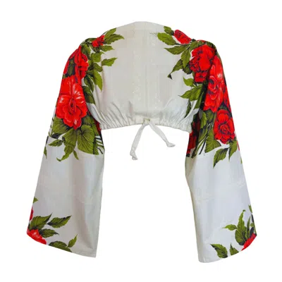 Couture To Your Door Women's White / Red Upcycled Floral Kimono Cropped Top In White/red