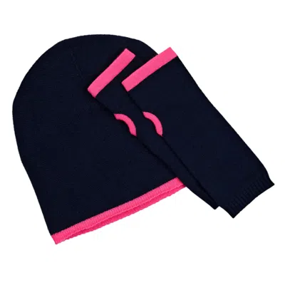 Cove Women's Blue Cashmere Navy & Pink Beanie & Wrist Warmer Set In Black