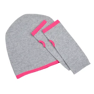 Cove Women's Cashmere Grey & Pink Beanie & Wrist Warmer Set In Gray