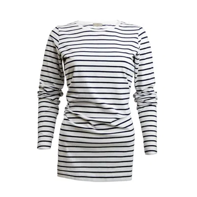 Cove Women's White / Blue Long Length Cotton Ivory & Navy Stripe Tee