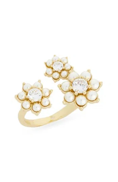 Covet Cubic Zirconia & Faux Pearl Flower Open Band Ring In Gold