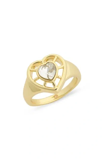 Covet Cz Heart Signet Ring In Clear/gold