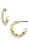 Covet Double Band Micro Imitation Pearl Hoop Earrings In White/ Gold