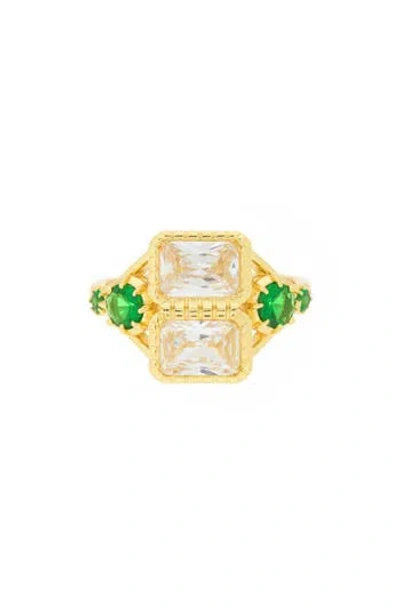 Covet Double Rectangle Cz Statement Ring In Gold/green
