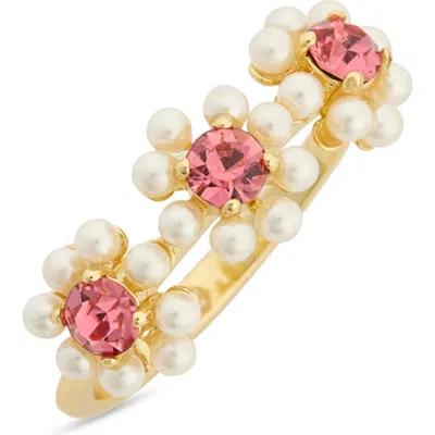 Covet Faux Pearl & Cz Flower Ring In Gold