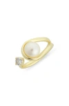 Covet Faux Pearl & Cz Open Cuff Ring In Pearl/clear/gold