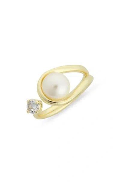 Covet Faux Pearl & Cz Open Cuff Ring In Pearl/clear/gold