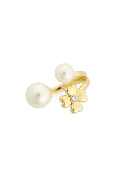 Covet Faux Pearl & Flower Open Cuff Ring In Ivory/gold