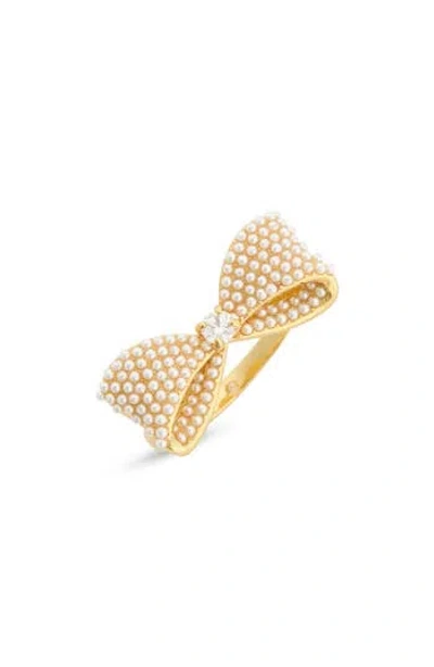 Covet Faux Pearl Bow & Cz Statement Ring In Gold