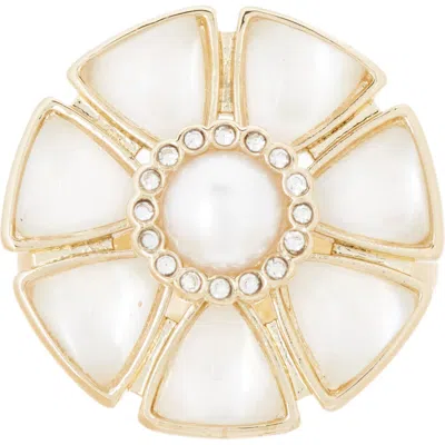 Covet Imitation Pearl & Cz Flower Cocktail Ring In Gold/white