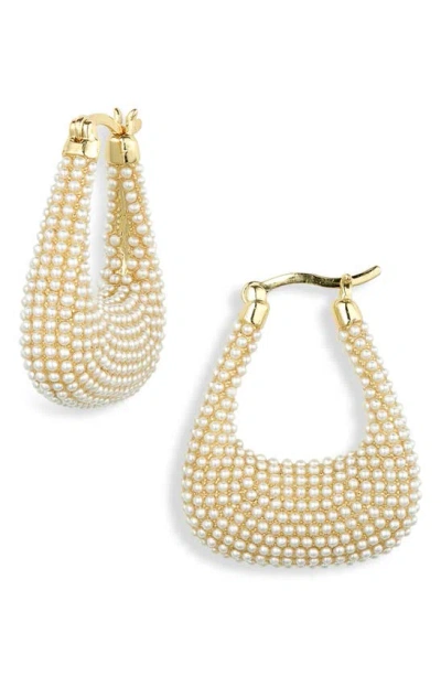 Covet Micro Imitation Pearl Hoop Earrings In Gold
