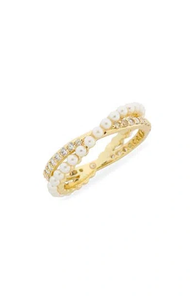 Covet Mixed Crossover Faux Pearl & Cz Band Ring In Gold