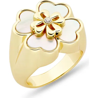 Covet Mother Of Pearl Clover Statement Ring In White