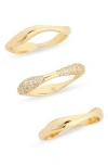 Covet Set Of 3 Crystal Ripple Band Stackable Rings In Gold