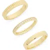 Covet Set Of 3 Cubic Zirconia & Herringbone Stackable Rings In Gold