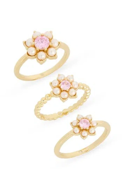 Covet Set Of 3 Faux Pearl & Cubic Zirconia Flower Rings In Gold