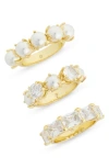 Covet Set Of 3 Faux Pearl & Cubic Zirconia Rings In White Gold