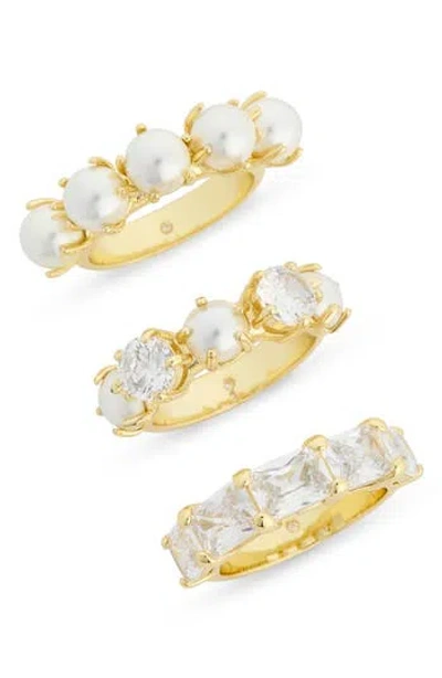 Covet Set Of 3 Faux Pearl & Cubic Zirconia Rings In White Gold