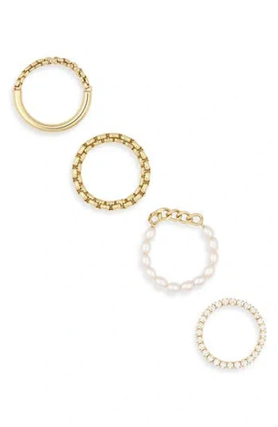 Covet Set Of 4 Cubic Zirconia & Faux Pearl Stackable Rings In Metallic