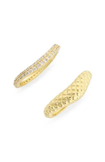 Covet Set Of Two Assorted Texture & Cz Stackable Rings In Gold