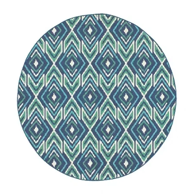 Covington Home Marquesas Diamond Ikat 7'10"x7'10" Indoor Outdoor Round Area Rug In Blue
